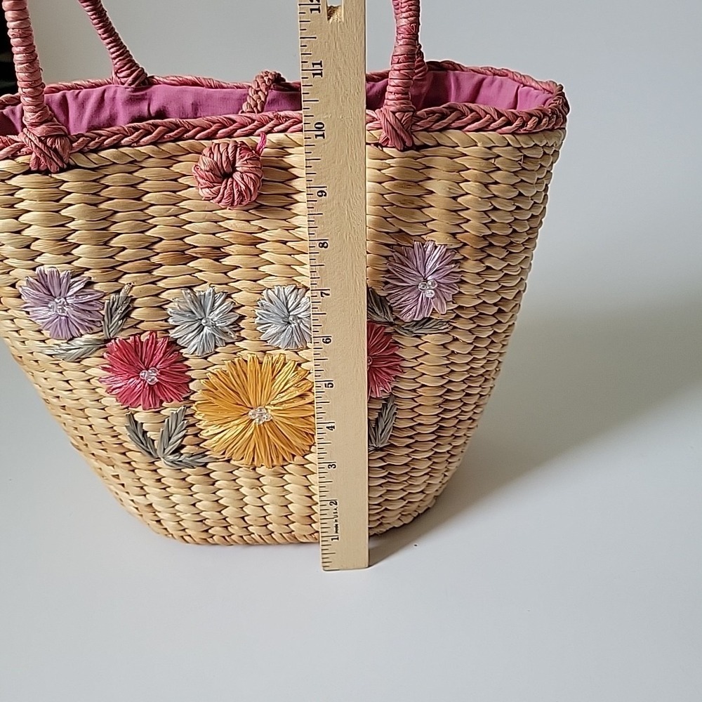 Vintage Handmade Floral Embroidered Straw Tote‎ Bag Beach Mod Resort Retro - Picture 13 of 16